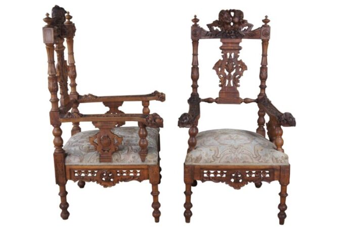 antique 19th century italian renaissance carved walnut putti cherub angel arm chairs set of 2 0031