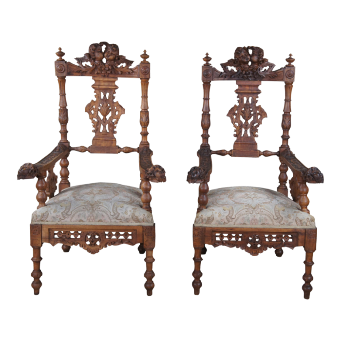 antique 19th century italian renaissance carved walnut putti cherub angel arm chairs set of 2 4639