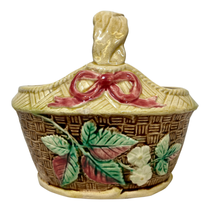 antique 19th century majolica basket planter with intricate weave pattern and delicate white flowers 6379