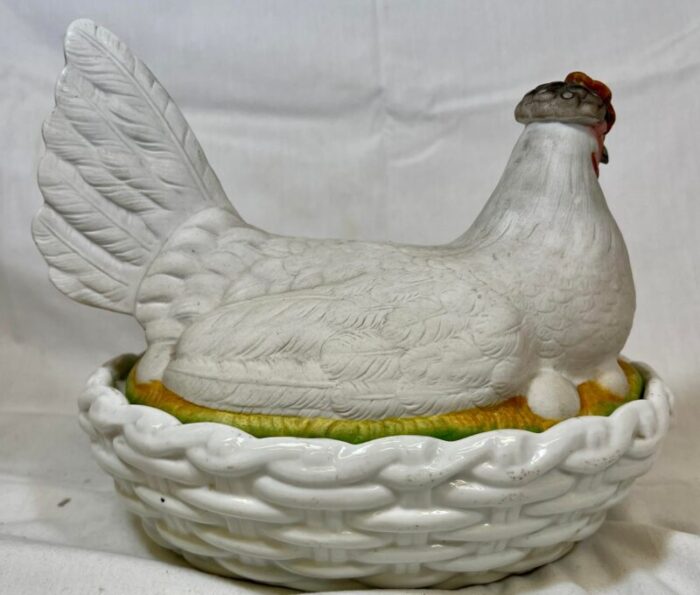 antique 19th century staffordshire porcelain hen on a basketweave nest from england 8520