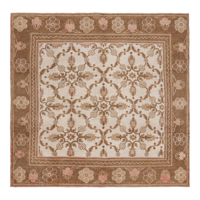 antique agra square rug in white with brown and pink florals from rug and kilim 2386