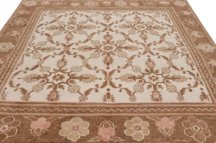 antique agra square rug in white with brown and pink florals from rug and kilim 7033