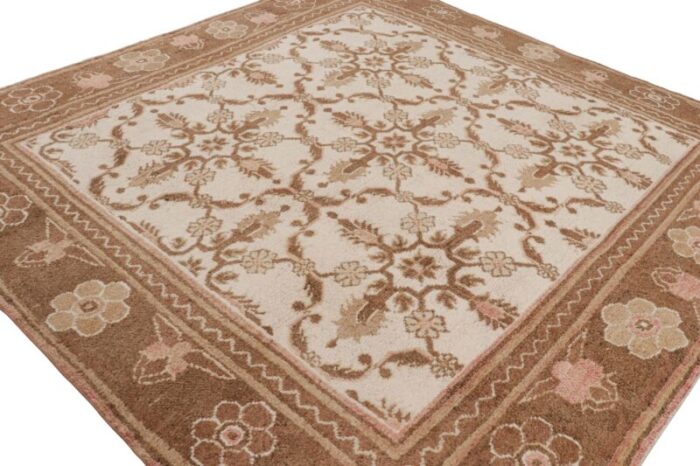 antique agra square rug in white with brown and pink florals from rug and kilim 9093