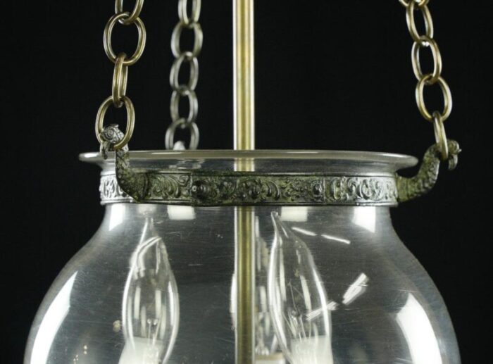 antique bell jar hand blown glass and brass chain pendant light 3928