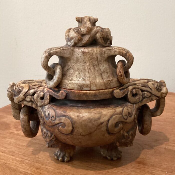 antique chinese carved jade tripod lidded incense burner censer 2284