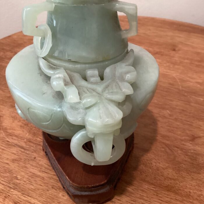 antique chinese natural jade hand carved tripod incense burner with wooden base 1490