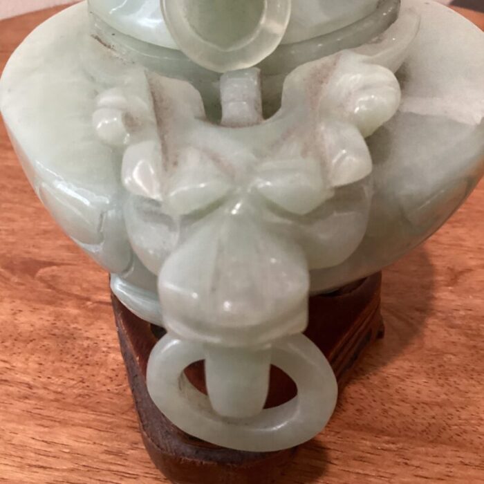 antique chinese natural jade hand carved tripod incense burner with wooden base 6975