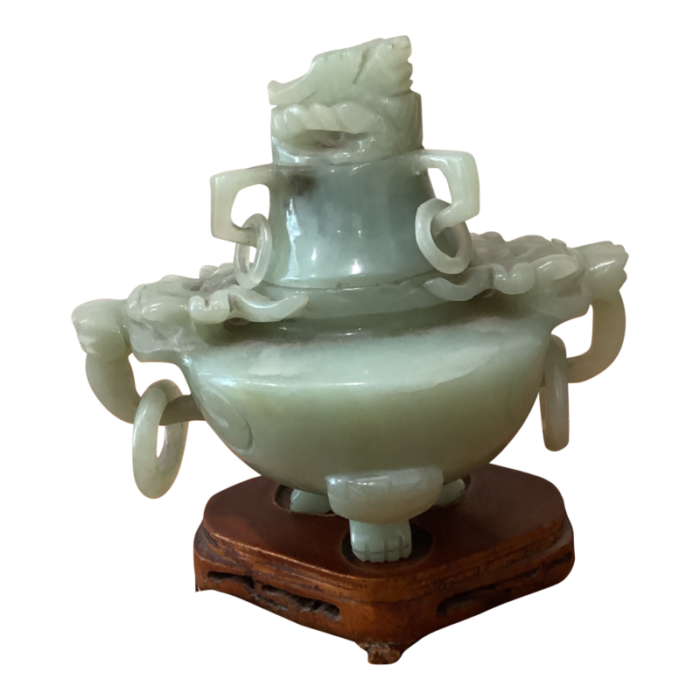 antique chinese natural jade hand carved tripod incense burner with wooden base 8767