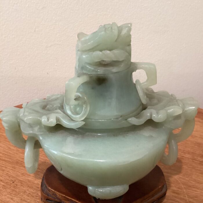 antique chinese natural jade hand carved tripod incense burner with wooden base 9242