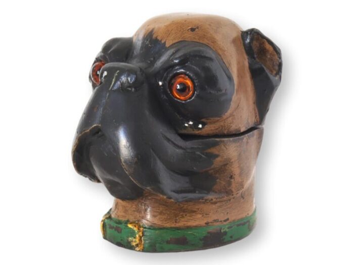 antique cold painted metal pug inkwell glass eyes 3793