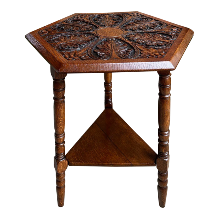 antique english cricket table hexagon carved oak end side table arts and crafts 3024