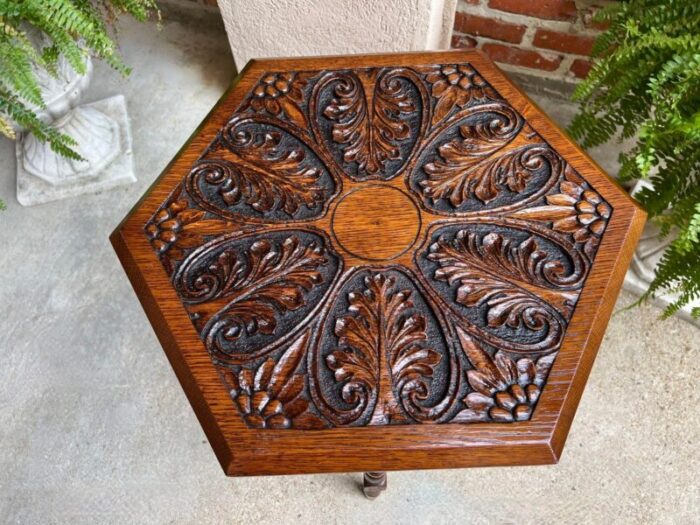 antique english cricket table hexagon carved oak end side table arts and crafts 6770