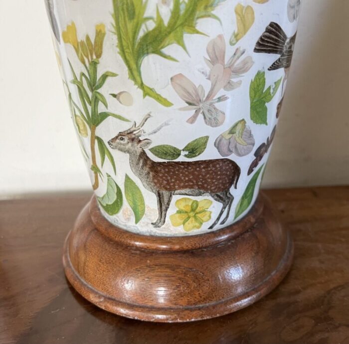 antique english victorian decalcomania reverse painted glass vase decorated with birds butterflies flowers and a deer mounted as a table lamp 0461