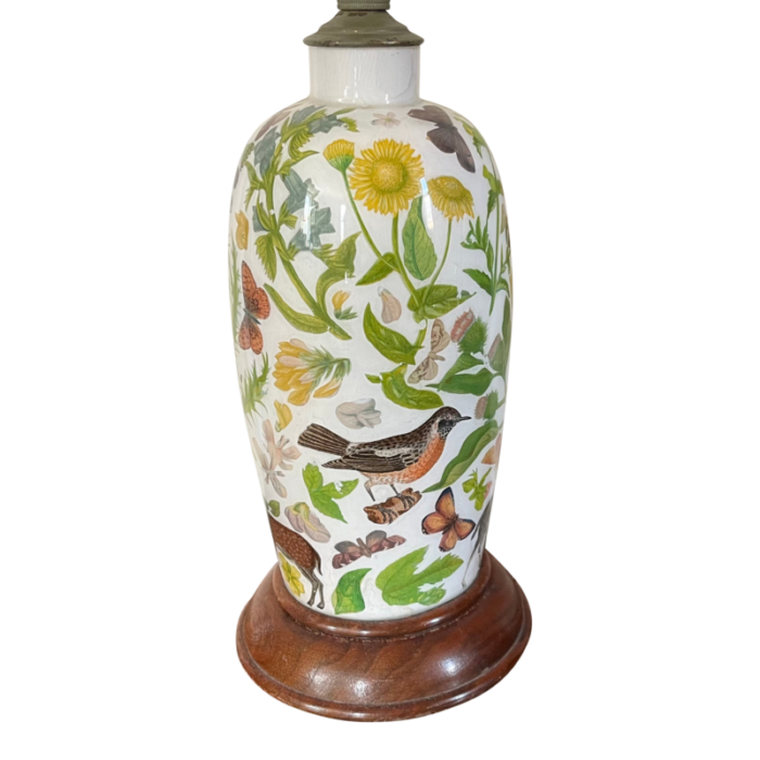 antique english victorian decalcomania reverse painted glass vase decorated with birds butterflies flowers and a deer mounted as a table lamp 3797