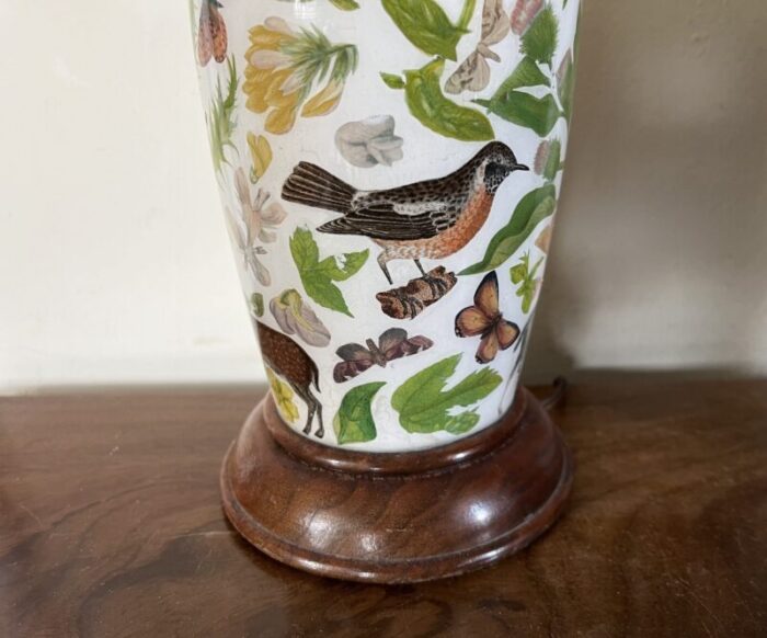 antique english victorian decalcomania reverse painted glass vase decorated with birds butterflies flowers and a deer mounted as a table lamp 4524