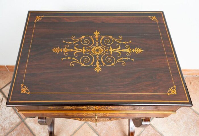 antique french charles x work table in fine exotic wood with maple inlay inserts early 19th century 1273