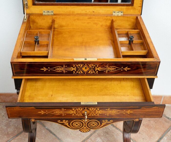 antique french charles x work table in fine exotic wood with maple inlay inserts early 19th century 4607