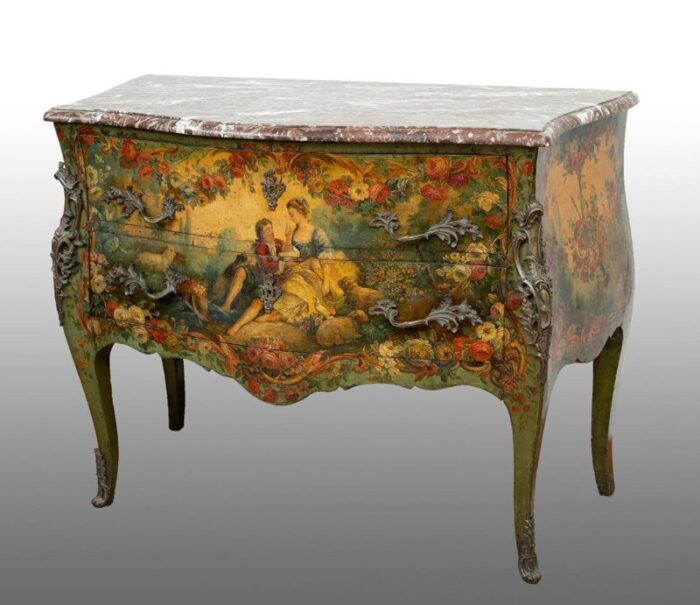 antique french napoleon iii chest of drawers in lacquered and painted wood with top in red french marble 19th century 2563