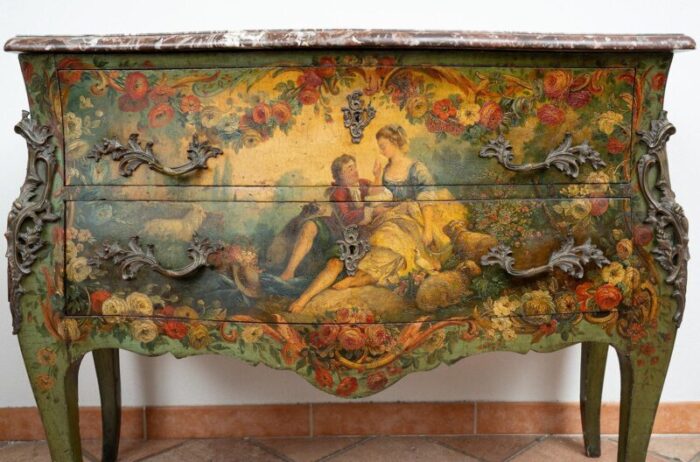 antique french napoleon iii chest of drawers in lacquered and painted wood with top in red french marble 19th century 2892