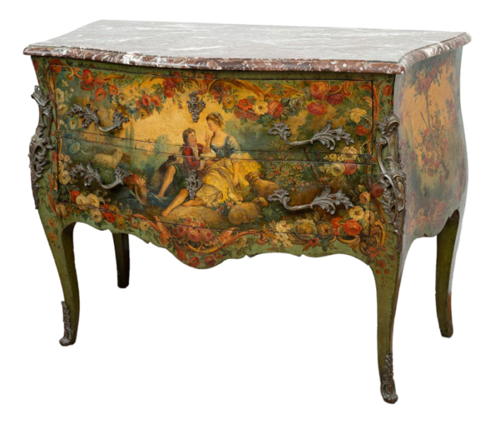 antique french napoleon iii chest of drawers in lacquered and painted wood with top in red french marble 19th century 5611