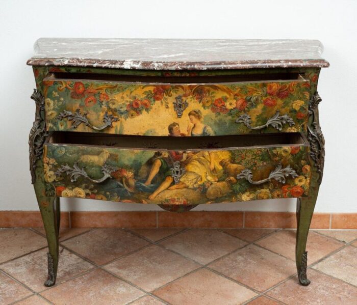 antique french napoleon iii chest of drawers in lacquered and painted wood with top in red french marble 19th century 6933