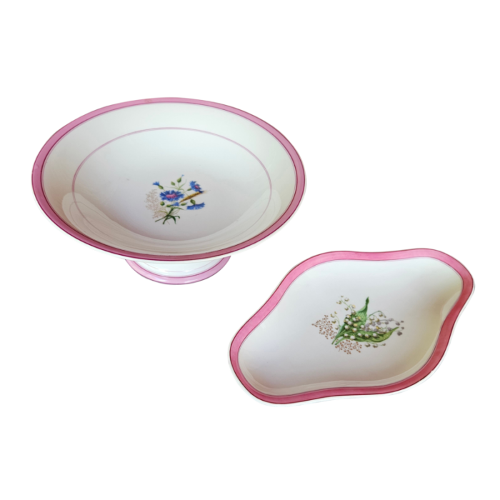 antique old paris porcelain compote and serving dish with wildflower centers and a raspberry border set of 2 7018