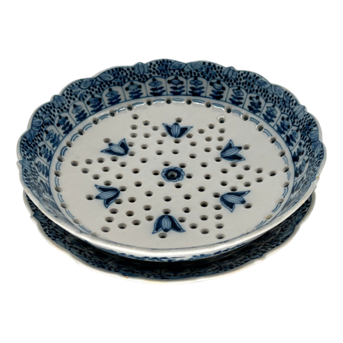 antique royal tichelaar makkum delft faience fruit strainer blue and white 2pc 8203