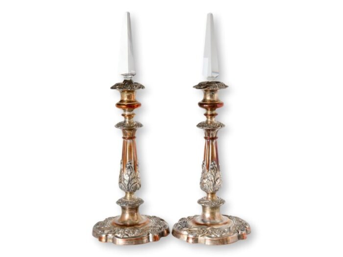 antique sheffield candlesticks with crystal lustres a pair 1406