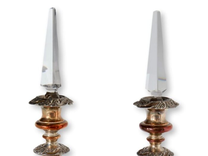 antique sheffield candlesticks with crystal lustres a pair 3693