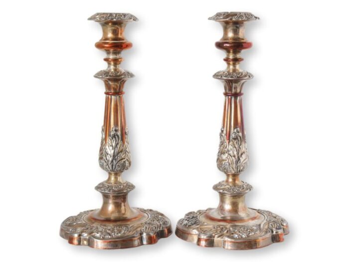 antique sheffield candlesticks with crystal lustres a pair 4166