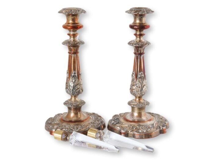 antique sheffield candlesticks with crystal lustres a pair 5896