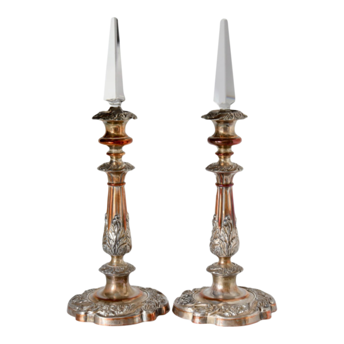 antique sheffield candlesticks with crystal lustres a pair 8019