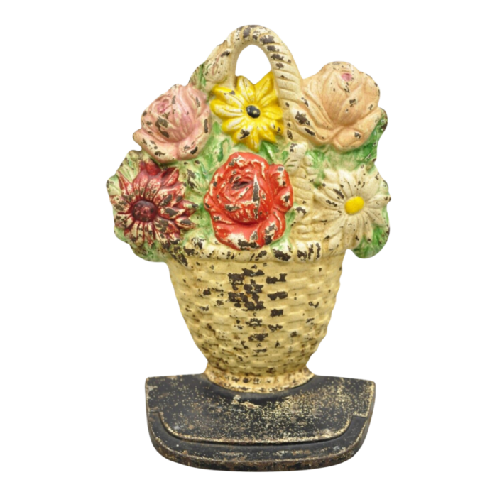 antique victorian cast iron beige floral bouquet round basket painted door stop 7942