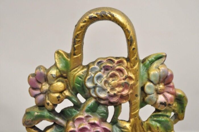 antique victorian cast iron figural floral bouquet gold basket painted door stop 0083