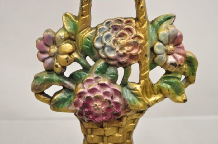 antique victorian cast iron figural floral bouquet gold basket painted door stop 0412