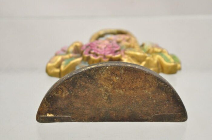 antique victorian cast iron figural floral bouquet gold basket painted door stop 3412