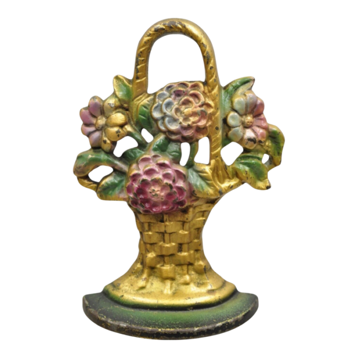 antique victorian cast iron figural floral bouquet gold basket painted door stop 7038