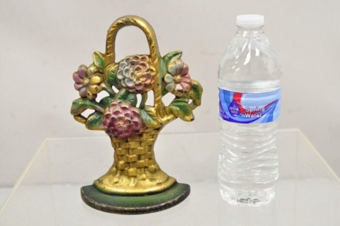 antique victorian cast iron figural floral bouquet gold basket painted door stop 8969