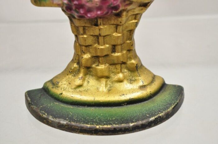 antique victorian cast iron figural floral bouquet gold basket painted door stop 9332