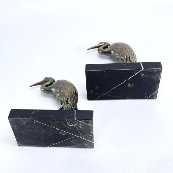 art deco bookends with heron bird marble base 1930s set of 2 2859