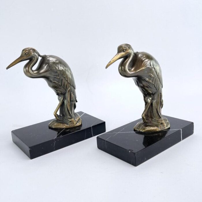 art deco bookends with heron bird marble base 1930s set of 2 3575