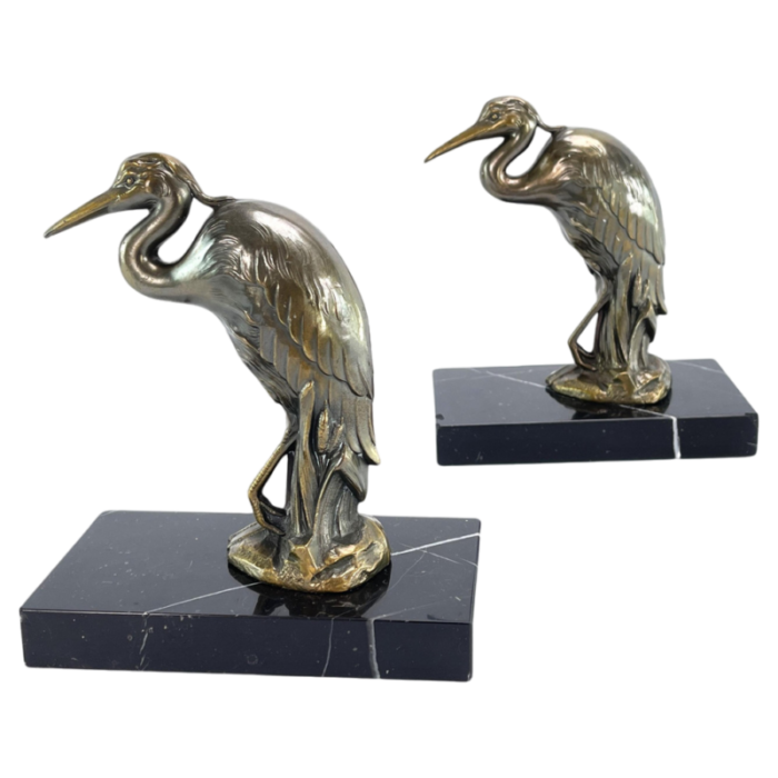 art deco bookends with heron bird marble base 1930s set of 2 6009