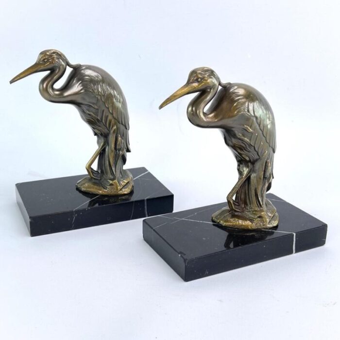 art deco bookends with heron bird marble base 1930s set of 2 6381