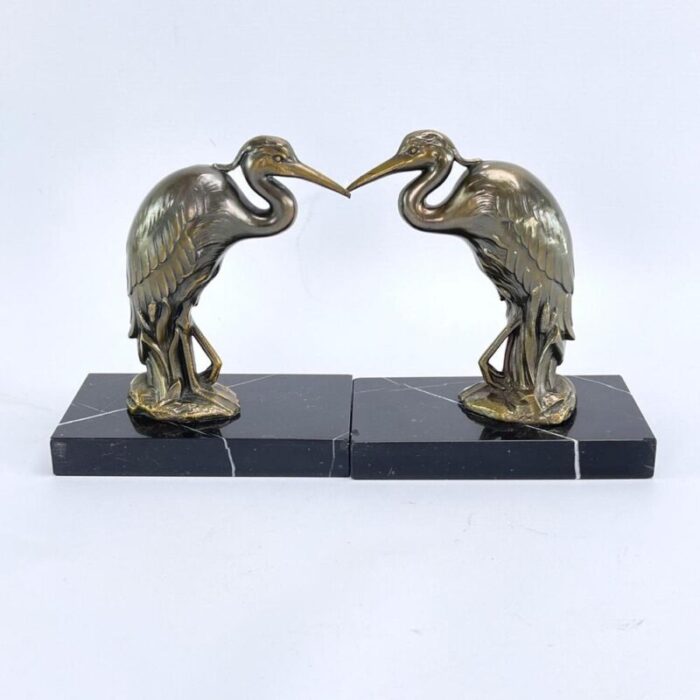 art deco bookends with heron bird marble base 1930s set of 2 7701