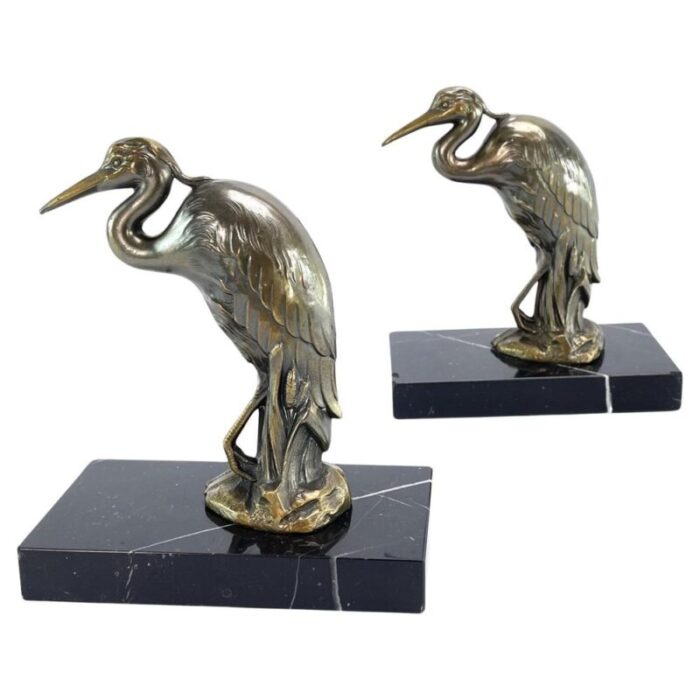 art deco bookends with heron bird marble base 1930s set of 2 7802