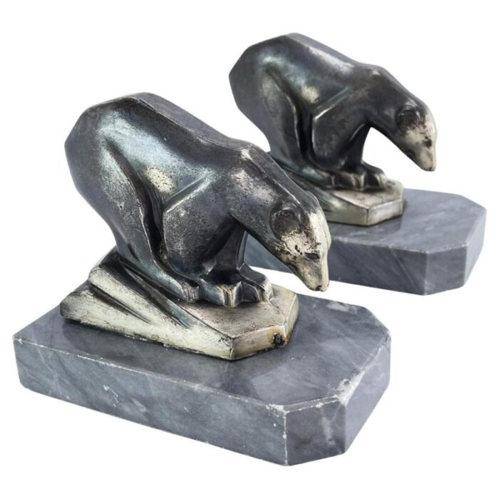 art deco bookends with polar bears marble base 1930s set of 2 0136