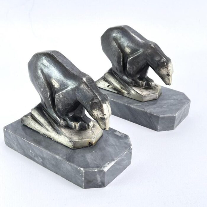 art deco bookends with polar bears marble base 1930s set of 2 4568