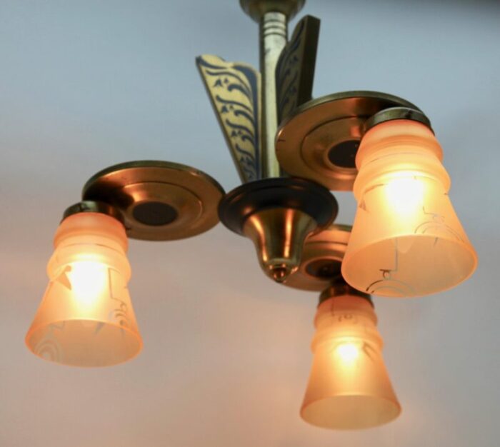 art deco brass chandelier with three arms glass lampshades 12