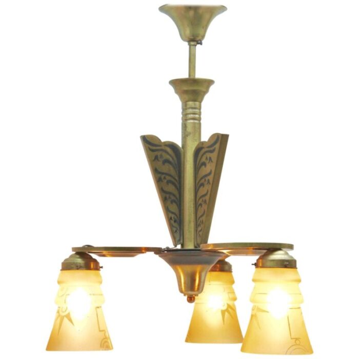 art deco brass chandelier with three arms glass lampshades 3