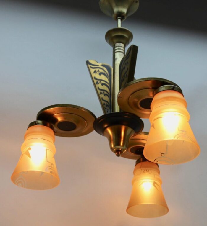 art deco brass chandelier with three arms glass lampshades 5